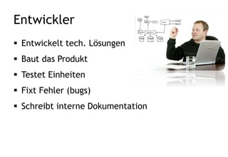Konzepter (UX)
 Entwirft Nutzerkonzept aus
Nutzerverhalten und Problemen
 Analysiert Markt-Requirements,
entwickelt Mok-ups und schreibt
Spezifikationen
 Arbeitet eng zusammen mit Produkt
Architekt
 Brücke zwischen Produktmanager und Entwicklern
Bestimmt Aussehen und Bedienung
 