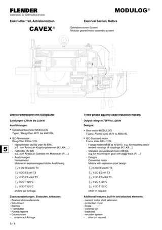 MODULOG®
5 - 4
Elektrischer Teil, Antriebsmotoren Electrical Section, Motors
Drehstrommotoren mit Käfigläufer Three-phase squirrel cage induction motors
Leistungen 0,75kW bis 225kW Output ratings 0,75kW to 225kW
Ausführungen: Designs:
• Getriebeanbaumotor MODULOG
Typen / Baugrößen MI71 bis AMI315L
• Gear motor MODULOG
Types / Frame sizes MI71 to AMI315L
• IEC-Normmotor
Baugrößen 63 bis 315L
• IEC-Standard motor
Frame sizes 63 to 315L
- Flanschmotor (IM B5 oder IM B14),
z.B. zum Anbau an Kupplungslaternen (K2, K4, ...)
- Flange motor (IM B5 or IM B14); e.g. for mounting on ex-
tended housings of couplings (K2, K4, ...)
- Fußmotor (IM B3)
z.B. zum Anbau an Getriebe mit Motorstuhl (P, ...)
- Standard conventional motor (IM B3),
e.g. for mounting on gear with piggy-back (P, ...)
- Ausführungen - Designs
Normalmotor Convential motor
Motoren in explosionsgeschützter Ausführung Motors with explosion-proof design
II 2G EExdeIIC T4 II 2G EExdeIIC T4
II 2G EExeII T3 II 2G EExeII T3
II 3G EExnAII T3 II 3G EExnAII T3
II 2D T125°C II 2D T125°C
II 3D T125°C II 3D T125°C
andere auf Anfrage. other on request.
Zusatzausstattungen, Einbauten, Anbauten: Additional features, built-in and attached elements:
- Zweites Motorwellenende
- Schutzdach
- Bremse
- Fremdlüfter
- Rücklaufsperre
- Gebersystem
- ... andere auf Anfrage.
- second motor shaft extension
- protection cover
- brake
- external fan
- backstop
- encoder system
- ... other on request.
Getriebemotoren-System
Modular geared motor assembly systemCAVEX®
 