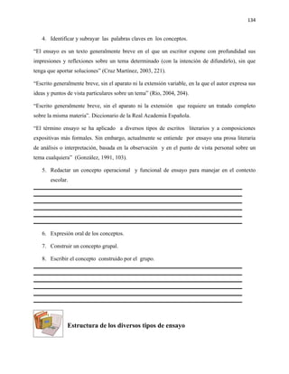 134


   4. Identificar y subrayar las palabras claves en los conceptos.

“El ensayo es un texto generalmente breve en el que un escritor expone con profundidad sus
impresiones y reflexiones sobre un tema determinado (con la intención de difundirlo), sin que
tenga que aportar soluciones” (Cruz Martínez, 2003, 221).

“Escrito generalmente breve, sin el aparato ni la extensión variable, en la que el autor expresa sus
ideas y puntos de vista particulares sobre un tema” (Río, 2004, 204).

“Escrito generalmente breve, sin el aparato ni la extensión que requiere un tratado completo
sobre la misma materia”. Diccionario de la Real Academia Española.

“El término ensayo se ha aplicado a diversos tipos de escritos literarios y a composiciones
expositivas más formales. Sin embargo, actualmente se entiende por ensayo una prosa literaria
de análisis o interpretación, basada en la observación y en el punto de vista personal sobre un
tema cualquiera” (González, 1991, 103).

   5. Redactar un concepto operacional y funcional de ensayo para manejar en el contexto
       escolar.




   6. Expresión oral de los conceptos.

   7. Construir un concepto grupal.

   8. Escribir el concepto construido por el grupo.




               Estructura de los diversos tipos de ensayo
 