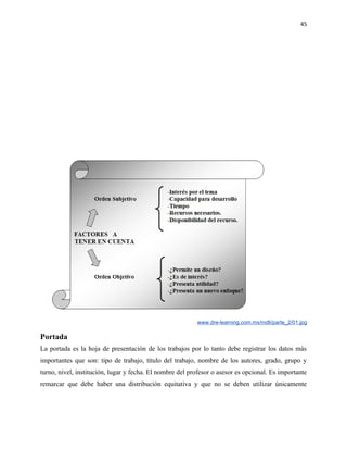 45




                                                          www.dre-learning.com.mx/mdli/parte_2/01.jpg

Portada
La portada es la hoja de presentación de los trabajos por lo tanto debe registrar los datos más
importantes que son: tipo de trabajo, título del trabajo, nombre de los autores, grado, grupo y
turno, nivel, institución, lugar y fecha. El nombre del profesor o asesor es opcional. Es importante
remarcar que debe haber una distribución equitativa y que no se deben utilizar únicamente
 