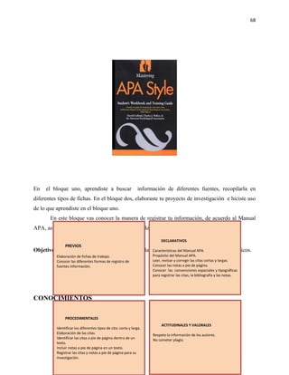 68




En   el bloque uno, aprendiste a buscar                         información de diferentes fuentes, recopilarla en
diferentes tipos de fichas. En el bloque dos, elaboraste tu proyecto de investigación e hiciste uso
de lo que aprendiste en el bloque uno.
       En este bloque vas conocer la manera de registrar tu información, de acuerdo al Manual
APA, así como algunas características que debe llevar tu trabajo final.

                                                                           DECLARATIVOS
               PREVIOS
Objetivo: Conocer y usar el modelo editorial de la APA en la producción de textos académicos.
                                                    Características del Manual APA.
          Elaboración de fichas de trabajo.                           Propósito del Manual APA.
          Conocer las diferentes formas de registro de                Leer, revisar y corregir las citas cortas y largas.
          fuentes información.                                        Conocer las notas a pie de página.
                                                                      Conocer las convenciones espaciales y tipográficas
                                                                      para registrar las citas, la bibliografía y las notas.




CONOCIMIENTOS

               PROCEDIMENTALES
                                                                           ACTITUDINALES Y VALORALES
          Identificar los diferentes tipos de cita: corta y larga.
          Elaboración de las citas.                                   Respete la información de los autores.
          Identificar las citas a pie de página dentro de un          No cometer plagio.
          texto.
          Incluir notas a pie de página en un texto.
          Registrar las citas y notas a pie de página para su
          investigación.
 