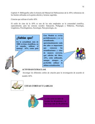 72


Capítulo 9: Bibliografía sobre la historia del Manual de Publicaciones de la APA; referencias de
las fuentes utilizadas en la quinta edición y lecturas sugeridas.

Ciencias que utilizan el estilo APA

El estilo de citas de la APA es uno de los más empleados en la comunidad científica,
especialmente, para las ciencias sociales: Educación, Pedagogía y Didáctica, Psicología,
Lingüística, Psicolingüística, Sociología, Para-psicología, etc.



                                          Este Modelo se revisa
       ¿Sabías que?                       periódicamente y se va
                                          actualizando,
       En la actualidad, más de
                                          aproximadamente cada
       1000 revistas científicas, en
       el mundo, utilizan el              dos años es importante
       manual APA, como guía              que     conozcas      las
       de estilo.                         actualizaciones y citar
                                          de manera correcta,
                                          qué edición del libro,
                                          APA, estás utilizando,
                                          aunque siempre es
                                          preferible utilizar la
                                          ultima actualización.

              ACTIVIDAD EXTRACLASE
               Investigar los diferentes estilos de citación para la investigación de acuerdo al
              modelo APA.




                  CITAS CORTAS Y LARGAS




                                           La cita corta no debe de
                                           exceder las 40 palabras y la
                                           cita larga más de 40 palabras.
 