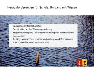 Herausforderungen für Schule: Umgang mit Wissen




                                                                     http://www.ﬂickr.com/photos/timmben/5000406409/sizes/l/in/photostream/
 •   wachsenden Informationsflut
 •   Partizipation an der Wissensgenerierung
 •   Fragmentierung und Dekontextualisierung von Informationen
     (Puschmann, 2009)

 •   Anstiegs viraler Effekte, einer Verbreitung von Informationen
     über soziale Netzwerke (Magenheim, 2010)
 