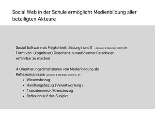 Social Web in der Schule ermöglicht Medienbildung aller
beteiligten Akteure




 Social Software als Möglichkeit ,Bildung I und II‘ (Jörissen & Marotzki, 2009) in
 Form von (kognitiver) Dissonanz /unauflösamer Paradoxien
 erfahrbar zu machen


 4 Orientierungsdimensionen von Medienbildung als
 Reflexionsanlässe (Jörissen & Marotzki, 2009, S. 31)
      •   Wissensbezug
      •   Handlungsbezug (Verantwortung)
      •   Tranzdendenz-/Grenzbezug
      •   Reflexion auf das Subjekt
 