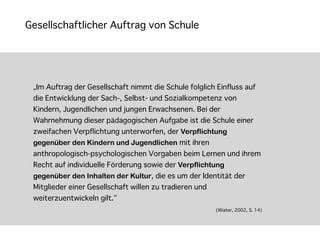 Gesellschaftlicher Auftrag von Schule




 „Im Auftrag der Gesellschaft nimmt die Schule folglich Einfluss auf
 die Entwicklung der Sach-, Selbst- und Sozialkompetenz von
 Kindern, Jugendlichen und jungen Erwachsenen. Bei der
 Wahrnehmung dieser pädagogischen Aufgabe ist die Schule einer
 zweifachen Verpflichtung unterworfen, der Verpflichtung
 gegenüber den Kindern und Jugendlichen mit ihren
 anthropologisch-psychologischen Vorgaben beim Lernen und ihrem
 Recht auf individuelle Förderung sowie der Verpflichtung
 gegenüber den Inhalten der Kultur, die es um der Identität der
 Mitglieder einer Gesellschaft willen zu tradieren und
 weiterzuentwickeln gilt.“
                                                         (Wiater, 2002, S. 14)
 