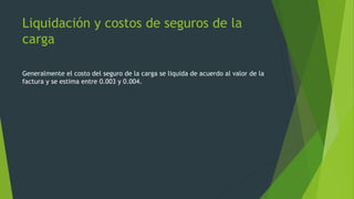 Liquidación y costos de seguros de la 
carga 
Generalmente el costo del seguro de la carga se liquida de acuerdo al valor de la 
factura y se estima entre 0.003 y 0.004. 
