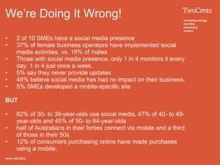 We’re Doing It Wrong!
•   2 of 10 SMEs have a social media presence
•   37% of female business operators have implemented social
    media activities, vs. 16% of males
•   Those with social media presence, only 1 in 4 monitors it every
    day, 1 in 4 just once a week.
•   5% say they never provide updates
•   48% believe social media has had no impact on their business.
•   5% SMEs developed a mobile-specific site

BUT

•   82% of 30- to 39-year-olds use social media, 47% of 40- to 49-
    year-olds and 45% of 50- to 64-year-olds
•   half of Australians in their forties connect via mobile and a third
    of those in their 50s
•   12% of consumers purchasing online have made purchases
    using a mobile.
 