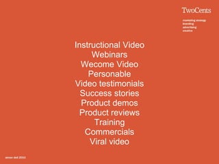 Instructional Video
     Webinars
  Wecome Video
    Personable
Video testimonials
  Success stories
  Product demos
  Product reviews
      Training
   Commercials
     Viral video
 