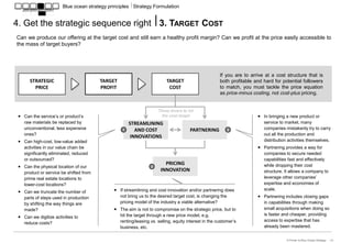 Blue ocean strategy principles ⎥ Strategy Formulation


4. Get the strategic sequence right ⎥ 3. TARGET COST
Can we produce our offering at the target cost and still earn a healthy profit margin? Can we profit at the price easily accessible to
the mass of target buyers?




                                                                                                      If you are to arrive at a cost structure that is
       STRATEGIC                        TARGET                            TARGET                      both profitable and hard for potential followers
         PRICE                          PROFIT                             COST                       to match, you must tackle the price equation
                                                                                                      as price-minus costing, not cost-plus pricing.


                                                                      Three levers to hit
 ￭ Can the service’s or product’s                                      the cost target                                 ￭ In bringing a new product or
   raw materials be replaced by                        STREAMLINING                                                      service to market, many
   unconventional, less expensive                  1      AND COST                     PARTNERING         2              companies mistakenly try to carry
   ones?                                                                                                                 out all the production and
                                                        INNOVATIONS
 ￭ Can high-cost, low-value added                                                                                        distribution activities themselves.
   activities in our value chain be                                                                                    ￭ Partnering provides a way for
   significantly eliminated, reduced                                                                                     companies to secure needed
   or outsourced?                                                                                                        capabilities fast and effectively
                                                                         PRICING                                         while dropping their cost
 ￭ Can the physical location of our                               3
   product or service be shifted from
                                                                       INNOVATION                                        structure. It allows a company to
   prime real estate locations to                                                                                        leverage other companies’
   lower-cost locations?                                                                                                 expertise and economies of
                                               ￭ If streamlining and cost innovation and/or partnering does              scale.
 ￭ Can we truncate the number of
   parts of steps used in production             not bring us to the desired target cost, is changing the              ￭ Partnering includes closing gaps
   by shifting the way things are                pricing model of the industry a viable alternative?                     in capabilities through making
   made?                                       ￭ The aim is not to compromise on the strategic price, but to             small acquisitions when doing so
                                                 hit the target through a new price model, e.g.                          is faster and cheaper, providing
 ￭ Can we digitize activities to
                                                 renting/leasing vs. selling, equity interest in the customer’s          access to expertise that has
   reduce costs?
                                                 business, etc.                                                          already been mastered.


                                                                                                                                     A Primer to Blue Ocean Strategy - 13 -
 