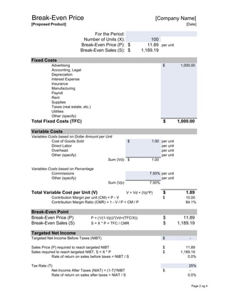 Break-Even Price [Company Name]
[Proposed Product] [Date]
For the Period:
Number of Units (X): 100
Break-Even Price (P): 11.89$ per unit
Break-Even Sales (S): 1,189.19$
Fixed Costs
Advertising 1,000.00$
Accounting, Legal
Depreciation
Interest Expense
Insurance
Manufacturing
Payroll
Rent
Supplies
Taxes (real estate, etc.)
Utilities
Other (specify)
Total Fixed Costs (TFC) 1,000.00$
Variable Costs
Variables Costs based on Dollar Amount per Unit
Cost of Goods Sold 1.00$ per unit
Direct Labor per unit
Overhead per unit
Other (specify) per unit
Sum (Vd): 1.00$
Variables Costs based on Percentage
Commissions 7.50% per unit
Other (specify) per unit
Sum (Vp): 7.50%
Total Variable Cost per Unit (V) V = Vd + (Vp*P) 1.89$
Contribution Margin per unit (CM) = P - V 10.00$
Contribution Margin Ratio (CMR) = 1 - V / P = CM / P 84.1%
Break-Even Point
Break-Even Price (P) P = (1/(1-Vp))*(Vd+(TFC/X)) 11.89$
Break-Even Sales (S) S = X * P = TFC / CMR 1,189.19$
Targeted Net Income
Targeted Net Income Before Taxes (NIBT) -$
Sales Price (P) required to reach targeted NIBT 11.89$
Sales required to reach targeted NIBT, S = X * P 1,189.19$
Rate of return on sales before taxes = NIBT / S 0.0%
Tax Rate (T) 25%
Net Income After Taxes (NIAT) = (1-T)*NIBT -$
Rate of return on sales after taxes = NIAT / S 0.0%
Page 2 og 4
 