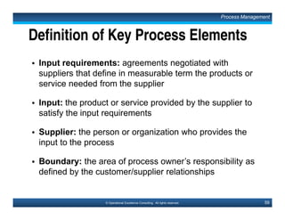 88© Operational Excellence Consulting. All rights reserved.
6. Customers
• Key Excellence Indicators:
Well-defined Segmentation of Markets & Customers
Wide Range of Proactive Systems to Identify Current
& Future Markets / Customer Needs
Strategic Infrastructure Support for Customer
Relationship
Proactive Systems to gather Hard & Soft Performance
Data on Customer Satisfaction
Business Excellence & Quality Management Models
This document is a partial preview. Full document download can be found on Flevy:
http://flevy.com/browse/document/total-quality-management-tqm-152
 