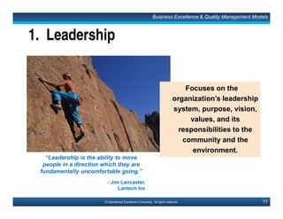 115© Operational Excellence Consulting. All rights reserved.
Key Lessons Learned
• Quality as practiced by the
individual is the foundation for
TQM
• Quality is based on the actions of
people
• TQM cannot exist without all the
people in an organization
understanding and practicing the
principles of quality at a personal
level
Total Quality Leadership
Quality begins and ends with the individual
This document is a partial preview. Full document download can be found on Flevy:
http://flevy.com/browse/document/total-quality-management-tqm-152
 