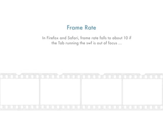 Frame Rate
In Firefox and Safari, frame rate falls to about 10 if
      the Tab running the swf is out of focus ...
 