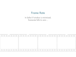 Frame Rate
In Safari if window is minimized,
    framerate falls to zero ..
 