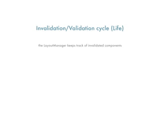 Invalidation/Validation cycle (Life)

the LayoutManager keeps track of invalidated components
 