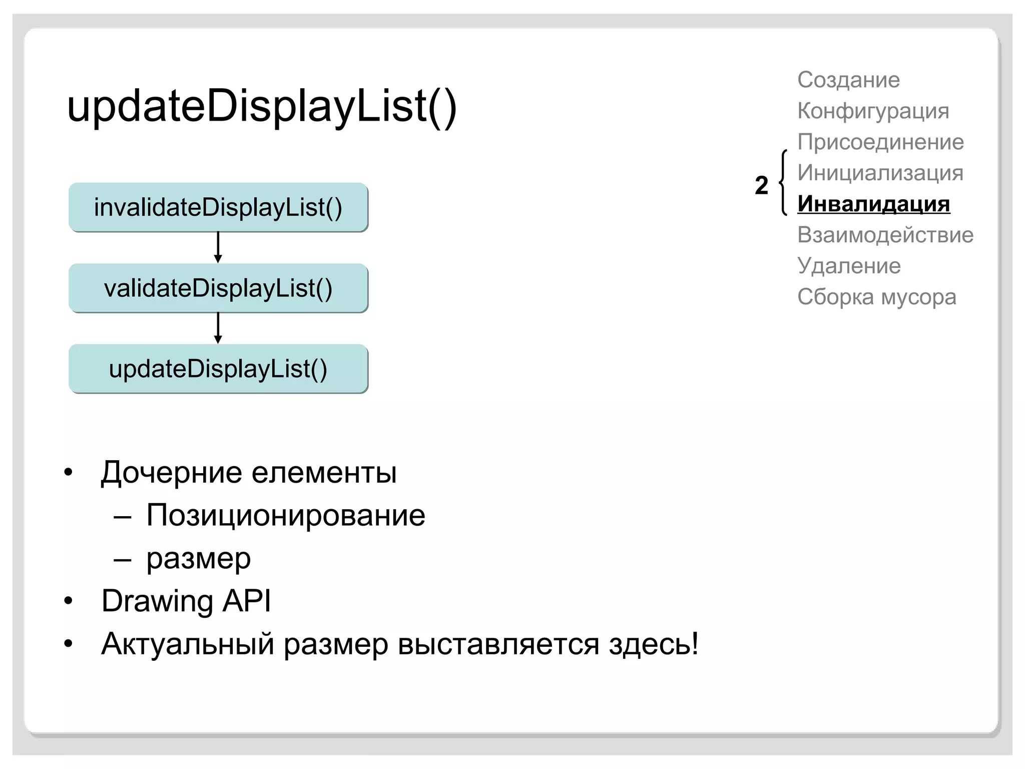 updateDisplayList() Дочерние елементы Позиционирование размер Drawing API Актуальный размер выставляется здесь! Создание Конфигурация Присоединение Инициализация Инвалидация Взаимодействие Удаление Сборка мусора 2 invalidateDisplayList() validateDisplayList() updateDisplayList() 