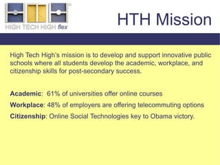 HTH Mission
High Tech High’s mission is to develop and support innovative public
schools where all students develop the academic, workplace, and
citizenship skills for post-secondary success.


Academic: 61% of universities offer online courses
Workplace: 48% of employers are offering telecommuting options
Citizenship: Online Social Technologies key to Obama victory.
 