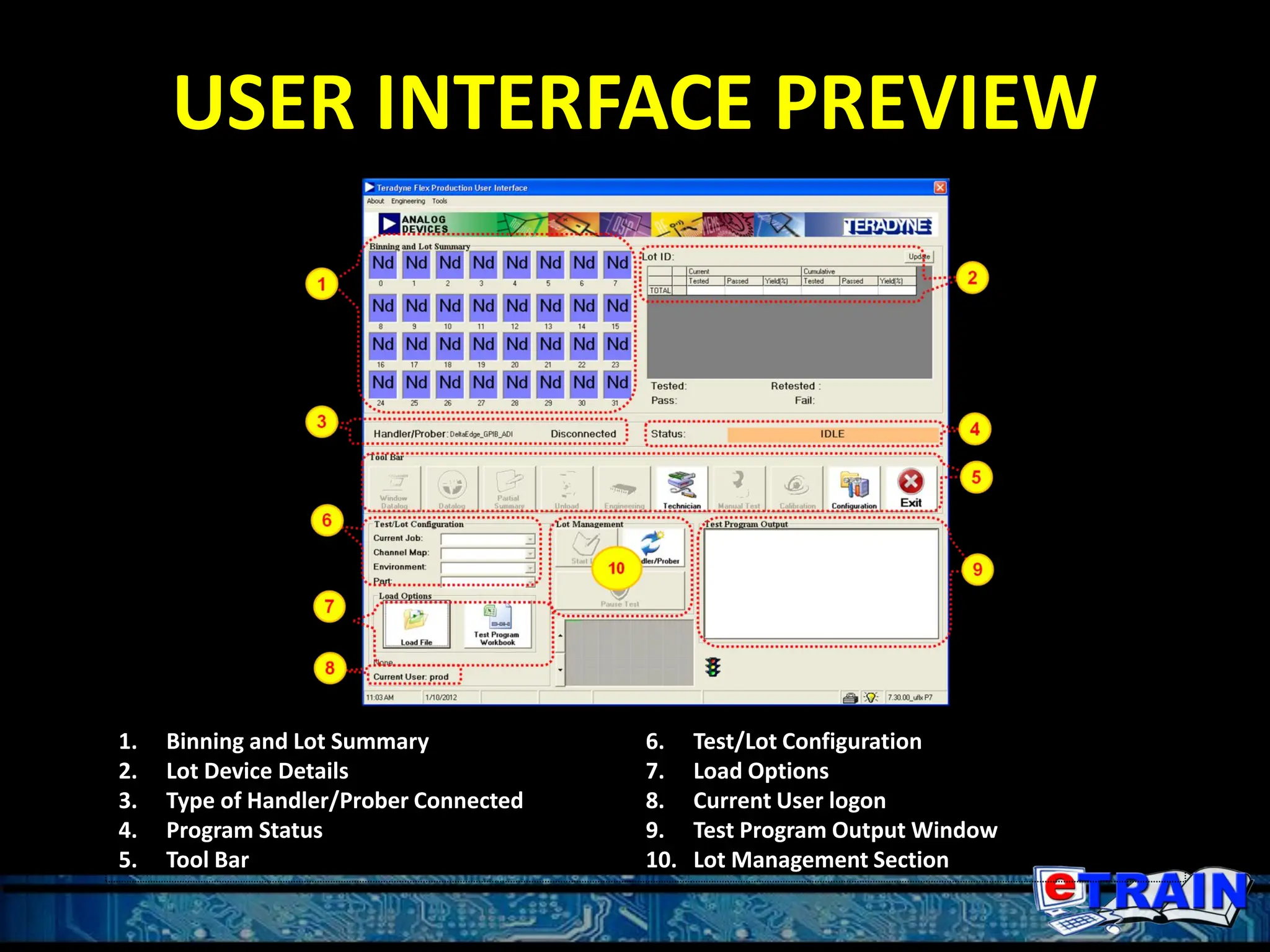 USER INTERFACE PREVIEW
1. Binning and Lot Summary
2. Lot Device Details
3. Type of Handler/Prober Connected
4. Program Status
5. Tool Bar
6. Test/Lot Configuration
7. Load Options
8. Current User logon
9. Test Program Output Window
10. Lot Management Section
 