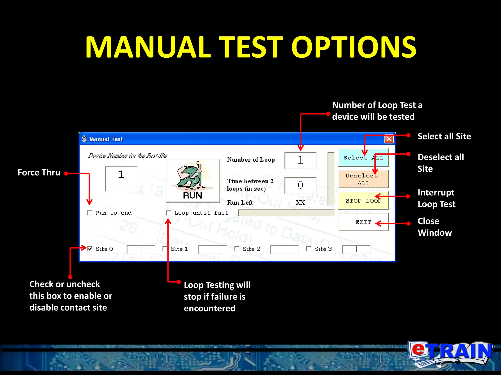 MANUAL TEST OPTIONS
Check or uncheck
this box to enable or
disable contact site
Force Thru
Loop Testing will
stop if failure is
encountered
Number of Loop Test a
device will be tested
Select all Site
Deselect all
Site
Interrupt
Loop Test
Close
Window
 