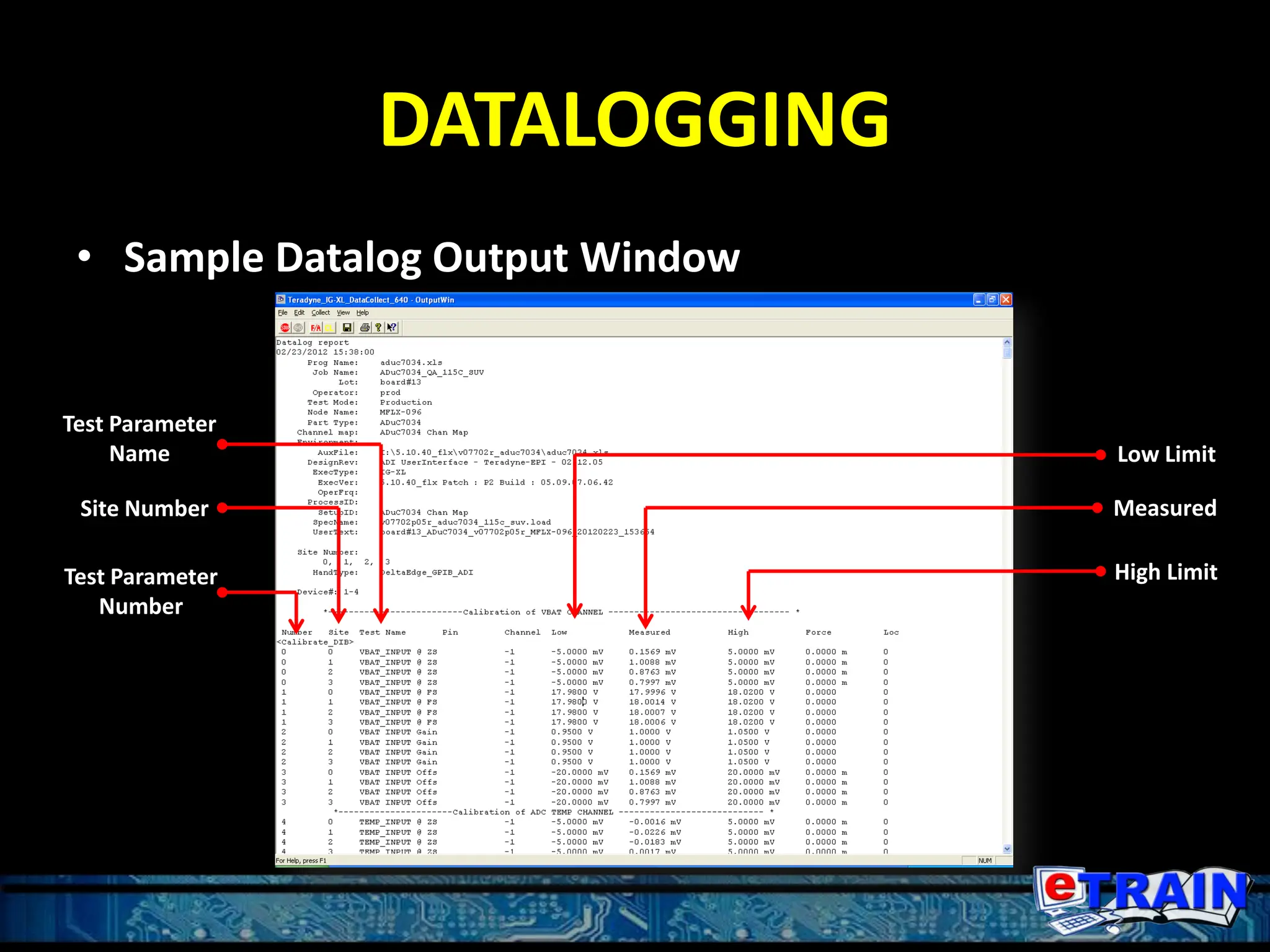 DATALOGGING
• Sample Datalog Output Window
Test Parameter
Name
Site Number
Test Parameter
Number
Low Limit
High Limit
Measured
 