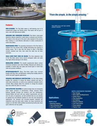 Style 2200DA features
a diaphragm actuator for
sensitive flow control and can
be installed in any position.
Style 2300 is
interchangeable with
Plug Valves in
all sizes.
Style 4100 is our
Slip-on type Duck-Bill
Check Valve.
Style 4200 is our flanged type
Duck-Bill Check Valve.
“From the simple, to the simply amazing.”
Features:
NON-CLOGGING: The Flex-Valve sleeve is self-cleaning due to its
unobstructed design and flexing action. Flex-valves will not jam or
seize, even with high-percent solids.
ABRASION AND CORROSION RESISTANT: Flex-Valve’s high-grade
elastomer sleeves outperform metal valves in abrasion and corrosion.
The sleeve is the only part of the pinch valve exposed to the process
fluid, making it a cost-effective alternative to valves constructed of
exotic body alloys.
MAINTENANCE-FREE: The operating mechanism of the Flex-Valve is
isolated from the process fluid, virtually eliminating any wearing or
seizing issues. This is also why the torque to close a Flex-Valve
remains constant over time, even when the valve has not been
exercised.
SEALS DROP-TIGHT EVEN ON SOLIDS: The thick elastomer tube
of the Flex-Valve sleeve forms around entrapped solids and seals
drop-tight without damage to the sleeve.
MODULATING SERVICE: The smooth unobstructed sleeve contour
minimizes turbulence even when throttled. Reduced port sleeves are
available in double wall, hour glass and funnel types to match flow
rates and process conditions.
INTERCHANGEABILITY: Many Flex-Valve styles have common
lengths with Plug, Gate, and Ball Valves, making them ideally suited for
retrofit and plant upgrade applications.
VERSATILE AND MODULAR CONSTRUCTION: The Flex-Valve design
enables the customer to choose the sleeve material and type of
valve body construction, as well as any customized actuators and/or
controls. Many designs allow the customer to change the actuator
type even while the valve is in service.
COST-EFFECTIVE SOLUTION: An optimal design does not necessarily
mean higher pressure or temperature ratings, because these
features typically increase the product’s cost and maintenance.
General Rubber will work with your system requirements, and with
over 50 years of experience, we feel confident that we can develop
an optimal and cost-effective solution for even the most demanding
applications. Our abrasion and corrosion-resistant materials can
outperform even the most exotic metals. Our large inventories and
modern U.S. ISO 9001:2000 certified manufacturing facility also mean
quick deliveries and top quality.
WATER & WASTEWATER TREATMENT
• Raw Sewage
• RAS & WAS Handling/Control
• Carbon Slurry
• Flow Equalization
• Grit Systems
• Influent & Effluent
• Lime Feed Control
• Pump Isolation
• Polymer Feed
Style 2200 shown with high visibility
position indicator.
Applications:
PAPER & PULP
• Bleaching Systems
• Pulp & Recycled Paper
• Liquid Flow Control
 