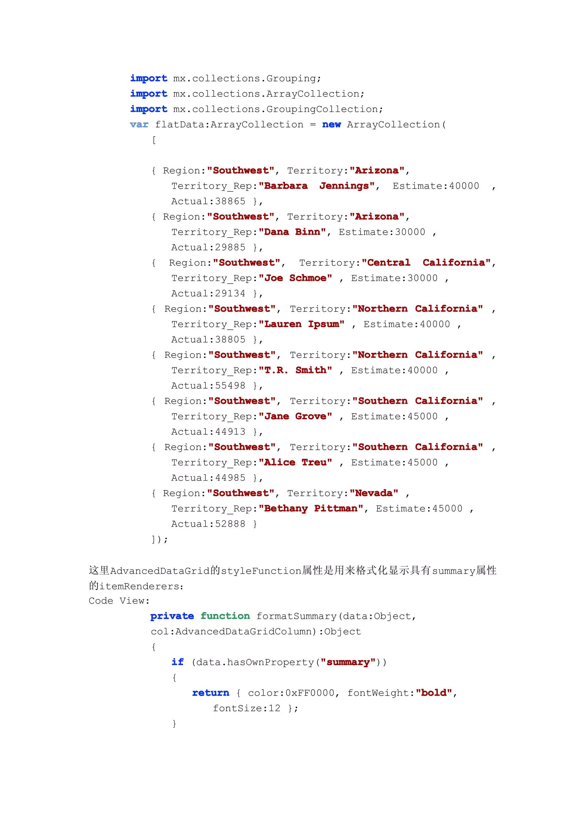 import mx.collections.Grouping;
      import mx.collections.ArrayCollection;
      import mx.collections.GroupingCollection;
      var flatData:ArrayCollection = new ArrayCollection(
         [

                   "Southwest"
                   "Southwest",           "Arizona"
                                          "Arizona",
         { Region:"Southwest" Territory:"Arizona"
                           "Barbara Jennings", Estimate:40000 ,
             Territory_Rep:"Barbara Jennings"
             Actual:38865 },
                   "Southwest"
                   "Southwest",           "Arizona"
                                          "Arizona",
         { Region:"Southwest" Territory:"Arizona"
                           "Dana Binn",
             Territory_Rep:"Dana Binn" Estimate:30000 ,
             Actual:29885 },
                    "Southwest"             "Central California",
                    "Southwest", Territory:"Central California"
         { Region:"Southwest"
                           "Joe
             Territory_Rep:"Joe Schmoe" , Estimate:30000 ,
             Actual:29134 },
                   "Southwest"            "Northern
         { Region:"Southwest" Territory:"Northern California" ,
                   "Southwest",
                           "Lauren Ipsum" , Estimate:40000 ,
             Territory_Rep:"Lauren
             Actual:38805 },
                   "Southwest"            "Northern
         { Region:"Southwest" Territory:"Northern California" ,
                   "Southwest",
                           "T.R.
             Territory_Rep:"T.R. Smith" , Estimate:40000 ,
             Actual:55498 },
                   "Southwest"            "Southern
         { Region:"Southwest" Territory:"Southern California" ,
                   "Southwest",
                           "Jane
             Territory_Rep:"Jane Grove" , Estimate:45000 ,
             Actual:44913 },
                   "Southwest"            "Southern
         { Region:"Southwest" Territory:"Southern California" ,
                   "Southwest",
                           "Alice
             Territory_Rep:"Alice Treu" , Estimate:45000 ,
             Actual:44985 },
                   "Southwest"
                   "Southwest",           "Nevada"
         { Region:"Southwest" Territory:"Nevada" ,
                           "Bethany Pittman",
             Territory_Rep:"Bethany Pittman" Estimate:45000 ,
             Actual:52888 }
         ]);


这里AdvancedDataGrid的styleFunction属性是用来格式化显示具有summary属性
的itemRenderers：
Code View:
          private function formatSummary(data:Object,
          col:AdvancedDataGridColumn):Object
          {
                                      "summary"
             if (data.hasOwnProperty("summary"
                                      "summary"))
             {
                                                     "bold"
                 return { color:0xFF0000, fontWeight:"bold"
                                                     "bold",
                    fontSize:12 };
             }
 