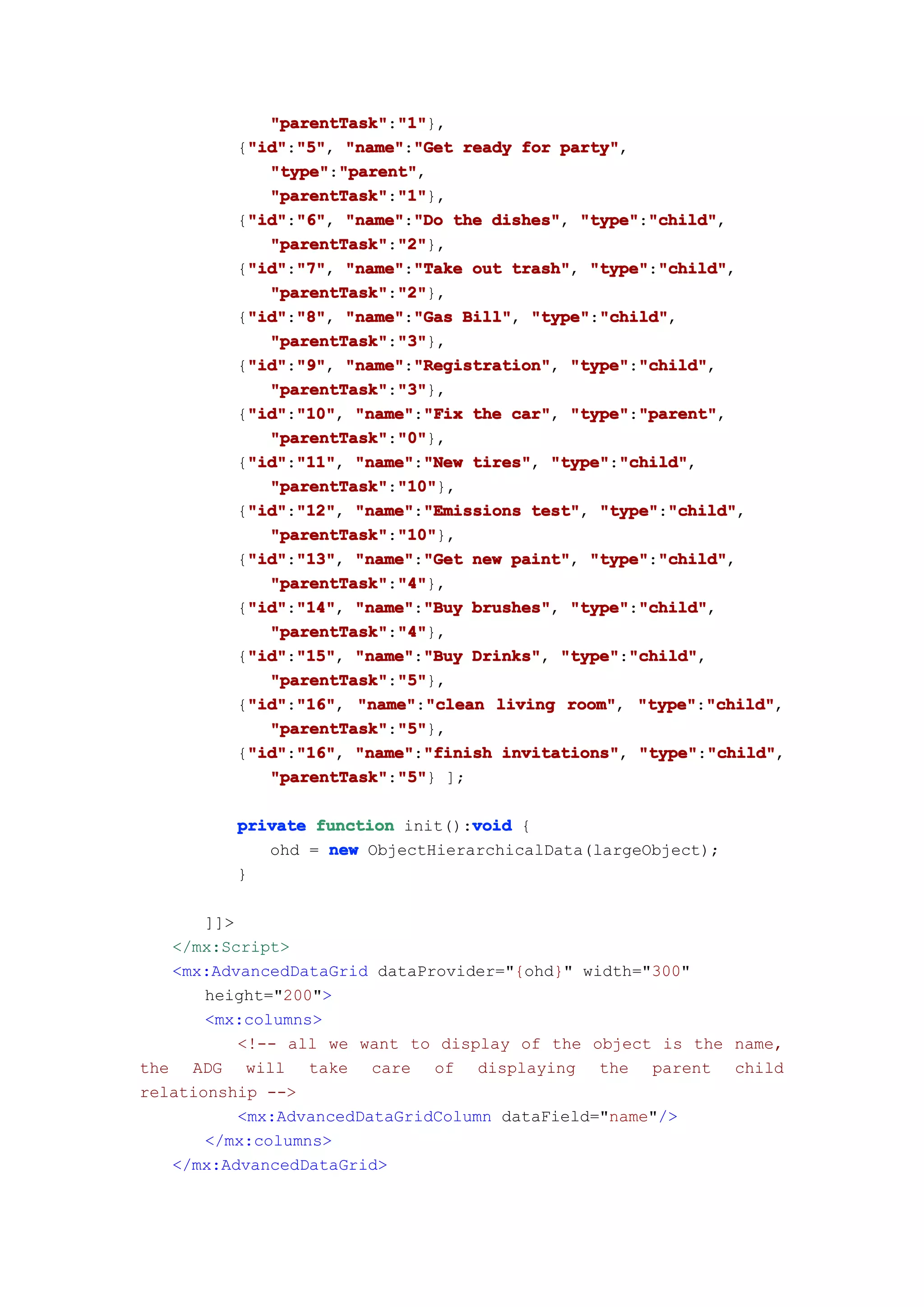 "parentTask" "1"
            "parentTask":"1"
                          "1"},
         {"id" "5" "name" "Get ready for party"
          "id" "5", "name":"Get
          "id":"5"                          party",
            "type" "parent"
            "type":"parent"
                    "parent",
            "parentTask" "1"
            "parentTask":"1"
                          "1"},
         {"id" "6" "name" "Do the dishes" "type" "child"
          "id" "6", "name":"Do
          "id":"6"                  dishes", "type":"child"
                                                      "child",
            "parentTask" "2"
            "parentTask":"2"
                          "2"},
          "id" "7" "name" "Take out trash" "type" "child"
         {"id" "7", "name":"Take
          "id":"7"                    trash", "type":"child"
                                                       "child",
            "parentTask" "2"
            "parentTask":"2"
                          "2"},
         {"id" "8" "name" "Gas Bill" "type" "child"
          "id" "8", "name":"Gas Bill", "type":"child"
          "id":"8"                              "child",
            "parentTask" "3"
            "parentTask":"3"
                          "3"},
         {"id" "9" "name" "Registration" "type" "child"
          "id" "9", "name":"Registration" "type":"child"
          "id":"9"          "Registration",          "child",
            "parentTask" "3"
            "parentTask":"3"
                          "3"},
         {"id" "10" "name" "Fix the car" "type" "parent"
          "id" "10", "name":"Fix
          "id":"10"                   car", "type":"parent"
                                                     "parent",
            "parentTask" "0"
            "parentTask":"0"
                          "0"},
         {"id" "11" "name" "New tires" "type" "child"
          "id" "11", "name":"New tires", "type":"child"
          "id":"11"                               "child",
            "parentTask" "10"
            "parentTask":"10"
                          "10"},
          "id" "12" "name" "Emissions test" "type" "child"
         {"id" "12", "name":"Emissions test", "type":"child"
          "id":"12"                                     "child",
            "parentTask" "10"
            "parentTask":"10"
                          "10"},
         {"id" "13" "name" "Get new paint" "type" "child"
          "id" "13", "name":"Get
          "id":"13"                   paint", "type":"child"
                                                       "child",
            "parentTask" "4"
            "parentTask":"4"
                          "4"},
         {"id" "14" "name" "Buy brushes" "type" "child"
          "id" "14", "name":"Buy brushes", "type":"child"
          "id":"14"                                  "child",
            "parentTask" "4"
            "parentTask":"4"
                          "4"},
         {"id" "15" "name" "Buy Drinks" "type" "child"
          "id" "15", "name":"Buy Drinks", "type":"child"
          "id":"15"                                 "child",
            "parentTask" "5"
            "parentTask":"5"
                          "5"},
         {"id" "16" "name" "clean living room" "type" "child"
          "id" "16", "name":"clean
          "id":"16"                          room", "type":"child"
                                                            "child",
            "parentTask" "5"
            "parentTask":"5"
                          "5"},
          "id" "16" "name" "finish invitations" "type" "child"
         {"id" "16", "name":"finish invitations", "type":"child"
          "id":"16"                                          "child",
            "parentTask" "5" ];
            "parentTask":"5"
                          "5"}

                                 void
         private function init():void {
            ohd = new ObjectHierarchicalData(largeObject);
         }

       ]]>
   </mx:Script>
   <mx:AdvancedDataGrid dataProvider="{ohd}" width="300"
       height="200">
       <mx:columns>
           <!-- all we want to display of the object is the name,
the ADG will take care of displaying the parent child
relationship -->
           <mx:AdvancedDataGridColumn dataField="name"/>
       </mx:columns>
   </mx:AdvancedDataGrid>
 
