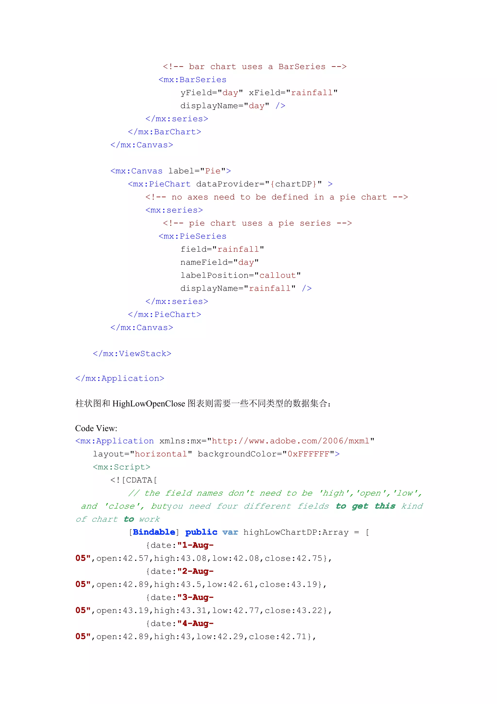 <!-- bar chart uses a BarSeries -->
               <mx:BarSeries
                    yField="day" xField="rainfall"
                    displayName="day" />
             </mx:series>
         </mx:BarChart>
      </mx:Canvas>

      <mx:Canvas label="Pie">
         <mx:PieChart dataProvider="{chartDP}" >
             <!-- no axes need to be defined in a pie chart -->
             <mx:series>
                <!-- pie chart uses a pie series -->
               <mx:PieSeries
                    field="rainfall"
                    nameField="day"
                    labelPosition="callout"
                    displayName="rainfall" />
             </mx:series>
         </mx:PieChart>
      </mx:Canvas>

   </mx:ViewStack>

</mx:Application>

柱状图和 HighLowOpenClose 图表则需要一些不同类型的数据集合：

Code View:
<mx:Application xmlns:mx="http://www.adobe.com/2006/mxml"
    layout="horizontal" backgroundColor="0xFFFFFF">
    <mx:Script>
        <![CDATA[
           // the field names don't need to be 'high','open','low',
 and 'close', butyou need four different fields to get this kind
of chart to work
            Bindable
           [Bindable public var highLowChartDP:Array = [
            Bindable]
                     "1-Aug-
               {date:"1-Aug-
05"
05",open:42.57,high:43.08,low:42.08,close:42.75},
                     "2-Aug-
               {date:"2-Aug-
05"
05",open:42.89,high:43.5,low:42.61,close:43.19},
                     "3-Aug-
               {date:"3-Aug-
05"
05",open:43.19,high:43.31,low:42.77,close:43.22},
                     "4-Aug-
               {date:"4-Aug-
05"
05",open:42.89,high:43,low:42.29,close:42.71},
 