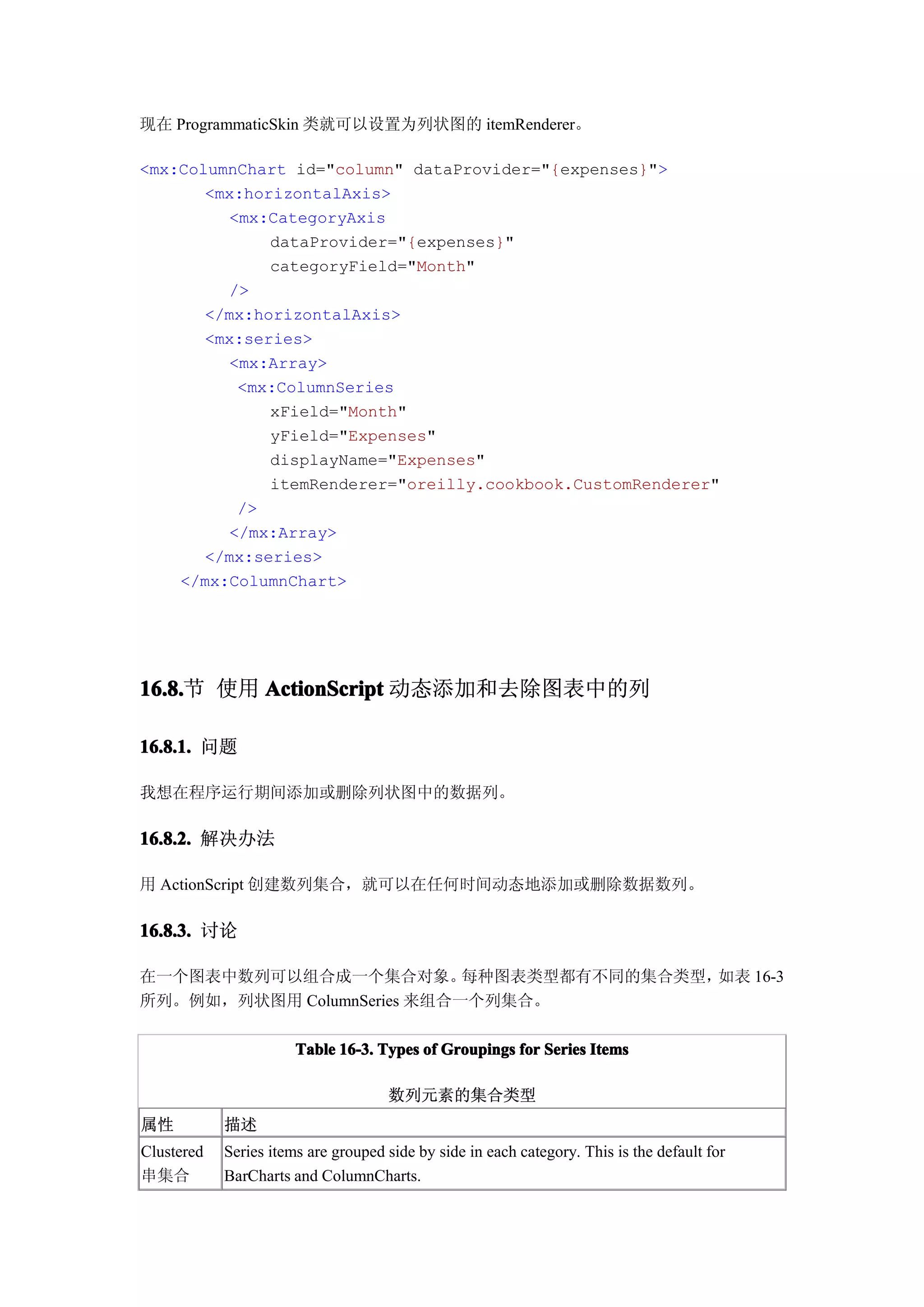 现在 ProgrammaticSkin 类就可以设置为列状图的 itemRenderer。

<mx:ColumnChart id="column" dataProvider="{expenses}">
       <mx:horizontalAxis>
         <mx:CategoryAxis
              dataProvider="{expenses}"
              categoryField="Month"
         />
       </mx:horizontalAxis>
       <mx:series>
         <mx:Array>
          <mx:ColumnSeries
              xField="Month"
              yField="Expenses"
              displayName="Expenses"
              itemRenderer="oreilly.cookbook.CustomRenderer"
          />
         </mx:Array>
       </mx:series>
    </mx:ColumnChart>




16.8. 使用 ActionScript 动态添加和去除图表中的列
16.8.节

16.8.1. 问题

我想在程序运行期间添加或删除列状图中的数据列。

16.8.2. 解决办法

用 ActionScript 创建数列集合，就可以在任何时间动态地添加或删除数据数列。

16.8.3. 讨论

在一个图表中数列可以组合成一个集合对象。        每种图表类型都有不同的集合类型，如表 16-3
所列。例如，列状图用 ColumnSeries 来组合一个列集合。

                       Table 16-3. Types of Groupings for Series Items

                                     数列元素的集合类型
属性          描述
Clustered   Series items are grouped side by side in each category. This is the default for
串集合         BarCharts and ColumnCharts.
 