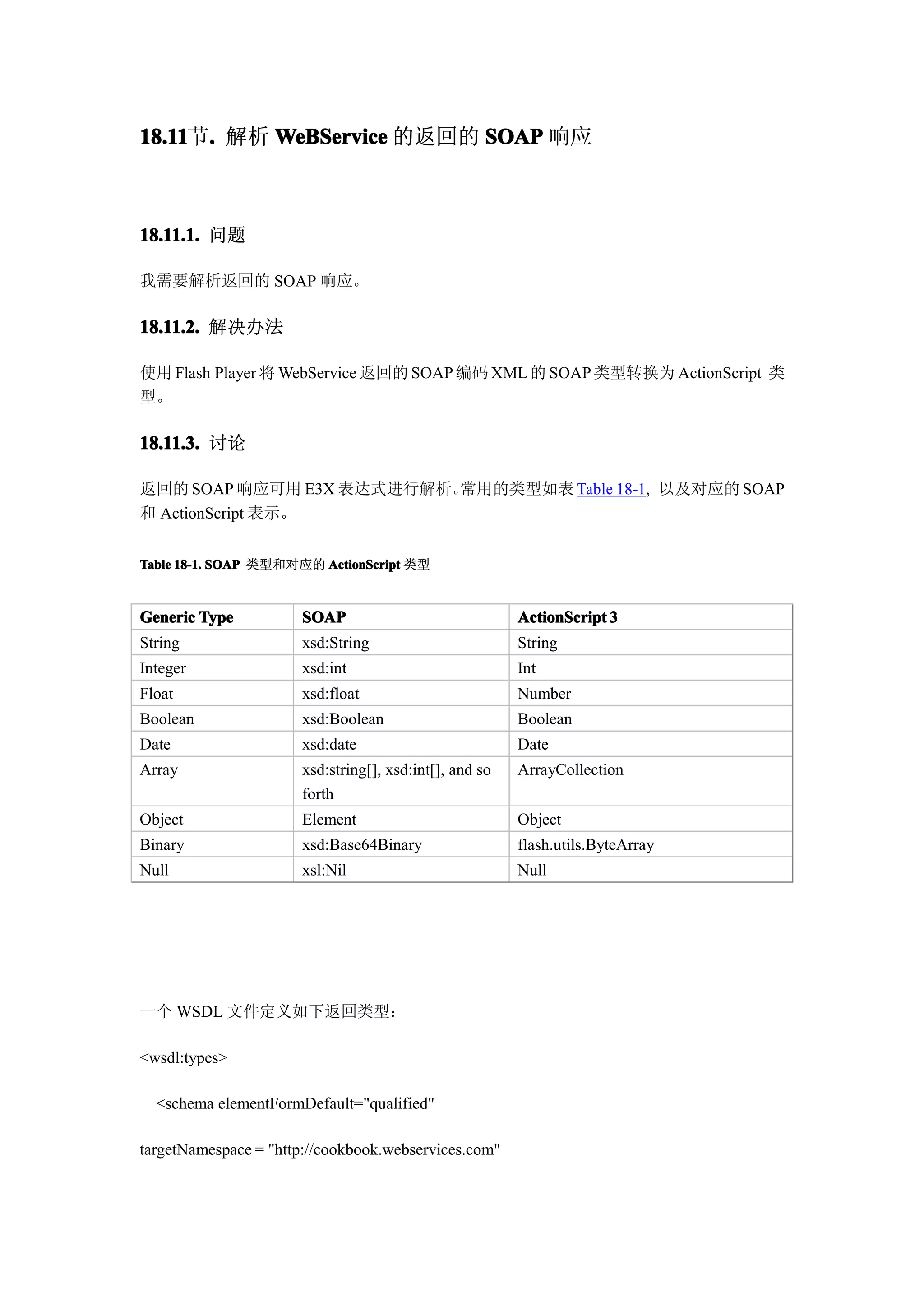 18.11 . 解析 WeBService 的返回的 SOAP 响应
18.11节.



18.11.1. 问题

我需要解析返回的 SOAP 响应。

18.11.2. 解决办法

使用 Flash Player 将 WebService 返回的 SOAP 编码 XML 的 SOAP 类型转换为 ActionScript 类
型。

18.11.3. 讨论

返回的 SOAP 响应可用 E3X 表达式进行解析。常用的类型如表 Table 18-1, 以及对应的 SOAP
和 ActionScript 表示。


Table 18-1. SOAP 类型和对应的 ActionScript 类型



Generic Type          SOAP                              ActionScript 3
String                xsd:String                        String
Integer               xsd:int                           Int
Float                 xsd:float                         Number
Boolean               xsd:Boolean                       Boolean
Date                  xsd:date                          Date
Array                 xsd:string[], xsd:int[], and so   ArrayCollection
                      forth
Object                Element                           Object
Binary                xsd:Base64Binary                  flash.utils.ByteArray
Null                  xsl:Nil                           Null




一个 WSDL 文件定义如下返回类型：

<wsdl:types>

  <schema elementFormDefault="qualified"

targetNamespace = "http://cookbook.webservices.com"
 
