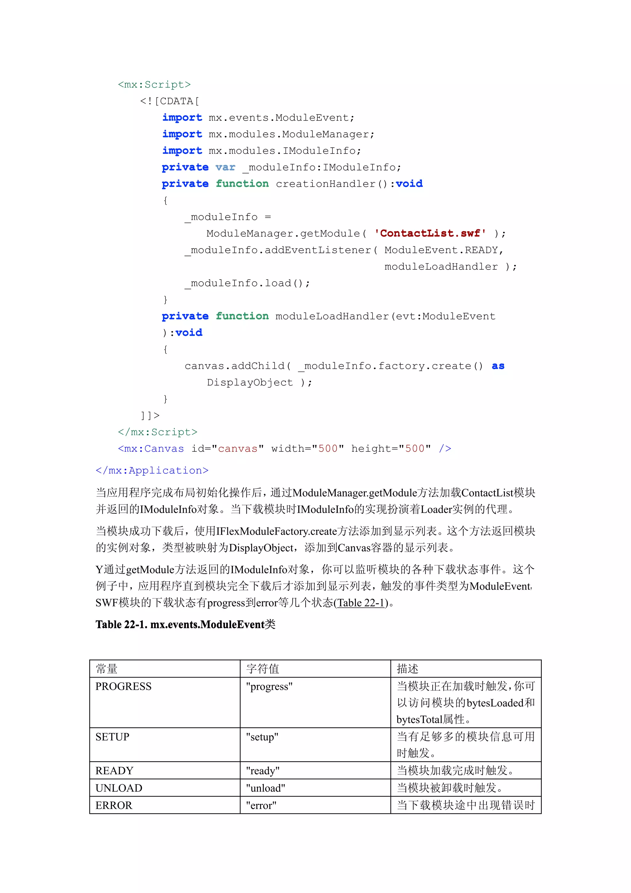 <mx:Script>
        <![CDATA[
            import mx.events.ModuleEvent;
            import mx.modules.ModuleManager;
            import mx.modules.IModuleInfo;
            private var _moduleInfo:IModuleInfo;
            private function creationHandler():void
                                                void
            {
               _moduleInfo =
                   ModuleManager.getModule( 'ContactList.swf' );
               _moduleInfo.addEventListener( ModuleEvent.READY,
                                              moduleLoadHandler );
               _moduleInfo.load();
            }
            private function moduleLoadHandler(evt:ModuleEvent
              void
            ):void
            {
                canvas.addChild( _moduleInfo.factory.create() as
                   DisplayObject );
            }
        ]]>
     </mx:Script>
     <mx:Canvas id="canvas" width="500" height="500" />
</mx:Application>

当应用程序完成布局初始化操作后，      通过ModuleManager.getModule方法加载ContactList模块
并返回的IModuleInfo对象。当下载模块时IModuleInfo的实现扮演着Loader实例的代理。
当模块成功下载后，使用IFlexModuleFactory.create方法添加到显示列表。这个方法返回模块
的实例对象，类型被映射为DisplayObject，添加到Canvas容器的显示列表。
Y通过getModule方法返回的IModuleInfo对象，你可以监听模块的各种下载状态事件。这个
例子中，应用程序直到模块完全下载后才添加到显示列表，触发的事件类型为ModuleEvent，
SWF模块的下载状态有progress到error等几个状态(Table 22-1)。
Table 22-1. mx.events.ModuleEvent
            mx.events.ModuleEvent类


常量                          字符值                描述
PROGRESS                    "progress"         当模块正在加载时触发，    你可
                                               以访问模块的bytesLoaded和
                                               bytesTotal属性。
SETUP                       "setup"            当有足够多的模块信息可用
                                               时触发。
READY                       "ready"            当模块加载完成时触发。
UNLOAD                      "unload"           当模块被卸载时触发。
ERROR                       "error"            当下载模块途中出现错误时
 