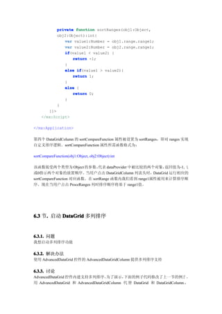 private function sortRanges(obj1:Object,
              obj2:Object):int{
                 var value1:Number = obj1.range.range1;
                 var value2:Number = obj2.range.range1;
                 if
                 if(value1 < value2) {
                     return -1;
                 }
                 else if
                       if(value1 > value2){
                     return 1;
                 }
                 else {
                     return 0;
                 }
              }
       ]]>
    </mx:Script>

</mx:Application>

第四个 DataGridColumn 的 sortCompareFunction 属性被设置为 sortRanges，即对 ranges 实现
自定义排序逻辑。sortCompareFunction 属性所需函数格式为：

sortCompareFunction(obj1:Object, obj2:Object):int

该函数接受两个类型为 Object 的参数，        代表 dataProvider 中被比较的两个对象，返回值为-1, 1,
或0指示两个对象的放置顺序。当用户点击 DataGridColumn 列表头时，DataGrid 运行相应的
sortCompareFunction 对应函数。在 sortRange 函数内我们看到 range1属性被用来计算排序顺
序。现在当用户点击 ProceRanges 列时排序顺序将基于 range1值。




6.3 节. 启动 DataGrid 多列排序
     .


6.3.1. 问题
我想启动多列排序功能

6.3.2. 解决办法
使用 AdvancedDataGrid 控件的 AdvancedDataGridColumn 提供多列排序支持


6.3.3. 讨论
AdvancedDataGrid 控件内建支持多列排序。        为了演示，   下面的例子代码修改了上一节的例子 ，
用 AdvancedDataGrid 和 AdvancedDataGridColumn 代 替 DataGrid 和 DataGridColumn ，
 