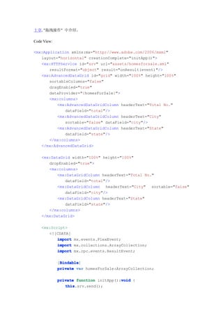 十章, "拖拽操作" 中介绍。

Code View:

<mx:Application xmlns:mx="http://www.adobe.com/2006/mxml"
   layout="horizontal" creationComplete="initApp()">
   <mx:HTTPService id="srv" url="assets/homesforsale.xml"
       resultFormat="object" result="onResult(event)"/>
   <mx:AdvancedDataGrid id="grid" width="100%" height="100%"
       sortableColumns="false"
       dragEnabled="true"
       dataProvider="{homesForSale}">
       <mx:columns>
          <mx:AdvancedDataGridColumn headerText="Total No."
              dataField="total"/>
          <mx:AdvancedDataGridColumn headerText="City"
              sortable="false" dataField="city"/>
          <mx:AdvancedDataGridColumn headerText="State"
              dataField="state"/>
       </mx:columns>
   </mx:AdvancedDataGrid>

    <mx:DataGrid width="100%" height="100%"
       dropEnabled="true">
       <mx:columns>
           <mx:DataGridColumn headerText="Total No."
              dataField="total"/>
           <mx:DataGridColumn headerText="City" sortable="false"
              dataField="city"/>
           <mx:DataGridColumn headerText="State"
              dataField="state"/>
       </mx:columns>
    </mx:DataGrid>

    <mx:Script>
       <![CDATA[
           import mx.events.FlexEvent;
           import mx.collections.ArrayCollection;
           import mx.rpc.events.ResultEvent;

              Bindable
              Bindable]
             [Bindable
             private var homesForSale:ArrayCollection;

                                        void
             private function initApp():void {
                this
                this.srv.send();
 