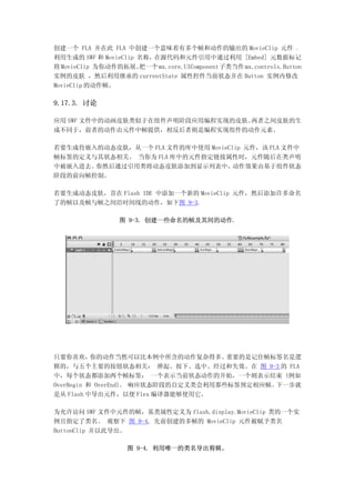 创建一个 FLA 并在此 FLA 中创建一个意味着有多个帧和动作的输出的 MovieClip 元件 。
利用生成的 SWF 和 MovieClip 名称，在源代码和元件引用中通过利用 [Embed] 元数据标记
将 MovieClip 为你动作的拓展。  把一个 mx.core.UIComponent子类当作 mx.controls.Button
实例的皮肤 ，然后利用继承的 currentState 属性控件当前状态并在 Button 实例内修改
MovieClip 的动作帧。

9.17.3. 讨论

应用 SWF 文件中的动画皮肤类似于在组件声明阶段应用编程实现的皮肤。两者之间皮肤的生
成不同于，前者的动作由元件中帧提供，相反后者则是编程实现组件的动作元素。

若要生成待嵌入的动态皮肤，从一个 FLA 文件的库中使用 MovieClip 元件，该 FLA 文件中
帧标签的定义与其状态相关。 当你为 FLA 库中的元件指定链接属性时，元件随后在类声明
中被嵌入进去。你然后通过引用类将动态皮肤添加到显示列表中，       动作效果由基于组件状态
阶段的前向帧控制。

若要生成动态皮肤，首在 Flash IDE 中添加一个新的 MovieClip 元件，然后添加许多命名
了的帧以及帧与帧之间沿时间线的动作，如下图 9-3.

                  图 9-3. 创建一些命名的帧及其间的动作.




只要你喜欢，     你的动作当然可以比本例中所含的动作复杂得多。     重要的是记住帧标签名是逻
辑的，与五个主要的按钮状态相关： 弹起、按下、选中、经过和失效。在 图 9-3 的 FLA
中，每个状态都添加两个帧标签： 一个表示当前状态动作的开始，一个则表示结束 (例如
OverBegin 和 OverEnd)。 响应状态阶段的自定义类会利用那些标签预定相应帧。下一步就
是从 Flash 中导出元件，以便 Flex 编译器能够使用它。

为允许访问 SWF 文件中元件的帧，基类属性定义为 flash.display.MovieClip 类的一个实
例且指定了类名。 观察下 图 9-4, 先前创建的多帧的 MovieClip 元件被赋予类名
ButtonClip 并以此导出。

                    图 9-4. 利用唯一的类名导出剪辑。
 