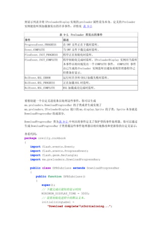 到显示列表并将 IPreloaderDisplay 实现的 preloader 属性设为本身。定义的 Preloader
实例能监听预加载器发出的许多事件，详情见 表 9-2.

                          表 9-2. Preloader 类发出的事件
事件                         描述
ProgressEvent.PROGRESS     在 SWF 文件正在下载时监听。
Event.COMPLETE             当 SWF 文件下载完成时监听。
FlexEvent.INIT_PROGRESS    程序正在初始化时监听。
FlexEvent.INIT_COMPLETE    程序初始化完成时监听。IPreloaderDisplay 实例应当监听
                           本事件以相应地发出一个 COMPLETE 事件。 COMPLETE 事件
                           由已生成的 Preloader 实例监听以通知系统管理器程序已
                           经准备好显示。
RslEvent.RSL_ERROR         运行时共享库(RSL)加载失败时监听。
RslEvent.RSL_PROGRESS      正在加载 RSL 时监听。
RslEvent.RSL_COMPLETE      RSL 加载成功完成时监听。



要想创建一个自定义进度条以处理这些事件，你可以生成
mx.preloaders.DownloadProgressBar 的子类或者生成实现了
mx.preloaders.IPreloaderDisplay 接口的 mx.display.Sprite 的子类，Sprite 本身就是
DownloadProgressBar 组成部分。

DownloadProgressBar 类为表 9-2 中列出的事件定义了保护型的事件处理器。你可以通过
生成 DownloadProgressBar 子类重载这些事件处理器以相应地修改和更新你的自定义显示：

查看代码：
package oreilly.cookbook
{
   import flash.events.Event;
   import flash.events.ProgressEvent;
   import flash.geom.Rectangle;
   import mx.preloaders.DownloadProgressBar;

   public class DPBSubclass extends DownloadProgressBar
   {
      public function DPBSubclass()
      {
          super();
          super
           // 下载完成后最短的显示时间
           MINIMUM_DISPLAY_TIME = 3000;
           // 设置初始化进程中的默认文本。
           initializingLabel =
              "Download complete!nInitializing..."
                        complete!nInitializing...";
 