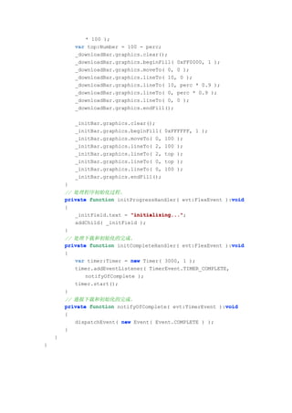 * 100 );
            var top:Number = 100 - perc;
            _downloadBar.graphics.clear();
            _downloadBar.graphics.beginFill( 0xFF0000, 1 );
            _downloadBar.graphics.moveTo( 0, 0 );
            _downloadBar.graphics.lineTo( 10, 0 );
            _downloadBar.graphics.lineTo( 10, perc * 0.9 );
            _downloadBar.graphics.lineTo( 0, perc * 0.9 );
            _downloadBar.graphics.lineTo( 0, 0 );
            _downloadBar.graphics.endFill();

            _initBar.graphics.clear();
            _initBar.graphics.beginFill(   0xFFFFFF, 1 );
            _initBar.graphics.moveTo( 0,   100 );
            _initBar.graphics.lineTo( 2,   100 );
            _initBar.graphics.lineTo( 2,   top );
            _initBar.graphics.lineTo( 0,   top );
            _initBar.graphics.lineTo( 0,   100 );
            _initBar.graphics.endFill();
        }
        // 处理程序初始化过程。
                                                              void
        private function initProgressHandler( evt:FlexEvent ):void
        {
           _initField.text = "initializing..."
                             "initializing...";
           addChild( _initField );
        }
        // 处理下载和初始化的完成。
                                                              void
        private function initCompleteHandler( evt:FlexEvent ):void
        {
           var timer:Timer = new Timer( 3000, 1 );
           timer.addEventListener( TimerEvent.TIMER_COMPLETE,
               notifyOfComplete );
           timer.start();
        }
        // 通报下载和初始化的完成。
                                                            void
        private function notifyOfComplete( evt:TimerEvent ):void
        {
           dispatchEvent( new Event( Event.COMPLETE ) );
        }
    }
}
 