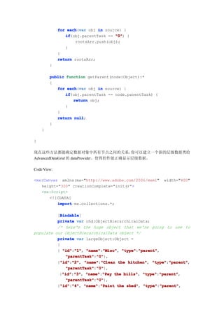 for each var obj in source) {
                 each(var
                if
                if(obj.parentTask == "0" {
                                     "0")
                    rootsArr.push(obj);
                }
             }
             return rootsArr;
        }

        public function getParent(node:Object):*
        {
           for each var obj in source) {
                each(var
               if
               if(obj.parentTask == node.parentTask) {
                   return obj;
               }
           }
           return null
                   null;
        }
    }

}

现在这些方法都能确定数据对象中所有节点之间的关系。                你可以建立一个新的层级数据类给
AdvancedDataGrid 的 dataProvider。使得控件能正确显示层级数据。

Code View:

<mx:Canvas xmlns:mx="http://www.adobe.com/2006/mxml"     width="400"
   height="300" creationComplete="init()">
   <mx:Script>
       <![CDATA[
          import mx.collections.*;

            Bindable
            Bindable]
          [Bindable
          private var ohd:ObjectHierarchicalData;
          /* here's the huge object that we're going to use to
populate our ObjectHierarchicalData object */
          private var largeObject:Object =
          [
          { "id" "1" "name" "Misc" "type" "parent"
             "id":"1" "name":"Misc" "type":"parent"
                   "1",        "Misc",       "parent",
              "parentTask" "0"
               "parentTask":"0"
                            "0"},
            "id" "2" "name" "Clean the kitchen" "type" "parent"
          {"id" "2", "name":"Clean
            "id":"2"                     kitchen", "type":"parent"
                                                           "parent",
              "parentTask" "0"
               "parentTask":"0"
                            "0"},
           {"id" "3" "name" "Pay the bills" "type" "parent"
             "id" "3", "name":"Pay
             "id":"3"                  bills", "type":"parent"
                                                      "parent",
              "parentTask" "0"
               "parentTask":"0"
                            "0"},
          {"id" "4" "name" "Paint the shed" "type" "parent"
            "id" "4", "name":"Paint
            "id":"4"                    shed", "type":"parent"
                                                       "parent",
 