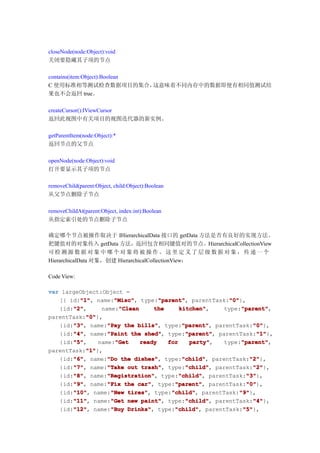 closeNode(node:Object):void
关闭要隐藏其子项的节点

contains(item:Object):Boolean
C 使用标准相等测试检查数据项目的集合，          这意味着不同内存中的数据即便有相同值测试结
果也不会返回 true。

createCursor():IViewCursor
返回此视图中有关项目的视图迭代器的新实例。

getParentItem(node:Object):*
返回节点的父节点

openNode(node:Object):void
打开要显示其子项的节点

removeChild(parent:Object, child:Object):Boolean
从父节点删除子节点

removeChildAt(parent:Object, index:int):Boolean
从指定索引处的节点删除子节点

确定哪个节点被操作取决于 IHierarchicalData 接口的 getData 方法是否有良好的实现方法。
把键值对的对象传入 getData 方法，返回包含相同键值对的节点。HierarchicalCollectionView
可检测源数据对象中哪个对象将被操作。这里定义了层级数据对象，传递一个
HierarchicalData 对象，创建 HierarchicalCollectionView：

Code View:

var largeObject:Object =
         "1"
         "1",       "Misc"
                    "Misc",        "parent"
                                   "parent",
   [{ id:"1" name:"Misc" type:"parent" parentTask:"0"  "0"
                                                       "0"},
       "2"
       "2",
   {id:"2"            "Clean
                name:"Clean      the      kitchen"
                                          kitchen",         "parent"
                                                            "parent",
                                                      type:"parent"
           "0"
           "0"},
parentTask:"0"
       "3" name:"Pay the bills" type:"parent" parentTask:"0"
       "3",
   {id:"3"        "Pay      bills",        "parent"
                                           "parent",            "0"
                                                                "0"},
       "4"        "Paint                    "parent"
   {id:"4" name:"Paint the shed" type:"parent" parentTask:"1"
       "4",                   shed",        "parent",            "1"
                                                                 "1"},
       "5"
       "5",
   {id:"5"          "Get
               name:"Get     ready    for    party"
                                             party",        "parent"
                                                            "parent",
                                                      type:"parent"
           "1"
           "1"},
parentTask:"1"
       "6"        "Do                      "child"
   {id:"6" name:"Do the dishes" type:"child" parentTask:"2"
       "6",                dishes",        "child",           "2"
                                                               "2"},
       "7"        "Take                     "child"
   {id:"7" name:"Take out trash" type:"child" parentTask:"2"
       "7",                  trash",        "child",            "2"
                                                                "2"},
       "8"
       "8",       "Registration"
                  "Registration",         "child"
                                          "child",
   {id:"8" name:"Registration" type:"child" parentTask:"3"   "3"
                                                             "3"},
       "9"        "Fix                  "parent"
   {id:"9" name:"Fix the car" type:"parent" parentTask:"0"
       "9",                 car",       "parent",            "0"
                                                             "0"},
       "10"        "New tires",        "child"
   {id:"10" name:"New tires" type:"child" parentTask:"9"
       "10",                           "child",            "9"
                                                           "9"},
       "11"        "Get                     "child"
   {id:"11" name:"Get new paint" type:"child" parentTask:"4"
       "11",                 paint",        "child",            "4"
                                                                "4"},
       "12" name:"Buy Drinks" type:"child" parentTask:"5"
       "12",
   {id:"12"        "Buy Drinks",        "child"
                                        "child",            "5"
                                                            "5"},
 