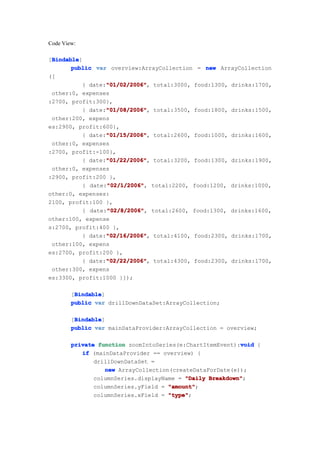 Code View:

 Bindable
 Bindable]
[Bindable
       public var overview:ArrayCollection = new ArrayCollection
([
                 "01/02/2006"
                 "01/02/2006",
          { date:"01/02/2006" total:3000, food:1300, drinks:1700,
 other:0, expenses
:2700, profit:300},
                 "01/08/2006"
                 "01/08/2006",
          { date:"01/08/2006" total:3500, food:1800, drinks:1500,
 other:200, expens
es:2900, profit:600},
                 "01/15/2006"
                 "01/15/2006",
          { date:"01/15/2006" total:2600, food:1000, drinks:1600,
 other:0, expenses
:2700, profit:-100},
                 "01/22/2006"
                 "01/22/2006",
          { date:"01/22/2006" total:3200, food:1300, drinks:1900,
 other:0, expenses
:2900, profit:200 },
                 "02/1/2006"
                 "02/1/2006",
          { date:"02/1/2006" total:2200, food:1200, drinks:1000,
other:0, expenses:
2100, profit:100 },
                 "02/8/2006"
                 "02/8/2006",
          { date:"02/8/2006" total:2600, food:1300, drinks:1600,
other:100, expense
s:2700, profit:400 },
                 "02/16/2006"
                 "02/16/2006",
          { date:"02/16/2006" total:4100, food:2300, drinks:1700,
 other:100, expens
es:2700, profit:200 },
                 "02/22/2006"
                 "02/22/2006",
          { date:"02/22/2006" total:4300, food:2300, drinks:1700,
 other:300, expens
es:3300, profit:1000 }]);

         Bindable
         Bindable]
        [Bindable
        public var drillDownDataSet:ArrayCollection;

         Bindable
         Bindable]
        [Bindable
        public var mainDataProvider:ArrayCollection = overview;

        private function zoomIntoSeries(e:ChartItemEvent):void {
                                                          void
           if (mainDataProvider == overview) {
               drillDownDataSet =
                  new ArrayCollection(createDataForDate(e));
               columnSeries.displayName = "Daily Breakdown"
                                                 Breakdown";
               columnSeries.yField = "amount"
                                     "amount";
               columnSeries.xField = "type"
                                     "type";
 