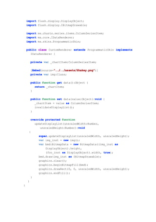 import flash.display.DisplayObject;
    import flash.display.IBitmapDrawable;

    import mx.charts.series.items.ColumnSeriesItem;
    import mx.core.IDataRenderer;
    import mx.skins.ProgrammaticSkin;

    public class CustomRenderer extends ProgrammaticSkin implements
      IDataRenderer {

      private var _chartItem:ColumnSeriesItem;

       Embed        "../../assets/Shakey.png"
       Embed(source="../../assets/Shakey.png"
      [Embed        "../../assets/Shakey.png")]
      private var img:Class;

      public function get data():Object {
        return _chartItem;
      }

                                             void
      public function set data(value:Object):void {
        _chartItem = value as ColumnSeriesItem;
        invalidateDisplayList();
      }

      override protected function
        updateDisplayList(unscaledWidth:Number,
                                   void
            unscaledHeight:Number):void
     {
           super
           super.updateDisplayList(unscaledWidth, unscaledHeight);
           var img_inst = new img();
           var bmd:BitmapData = new BitmapData((img_inst as
               DisplayObject).height,
               (foo_inst as DisplayObject).width, true
                                                  true);
           bmd.draw(img_inst as IBitmapDrawable);
           graphics.clear();
           graphics.beginBitmapFill(bmd);
           graphics.drawRect(0, 0, unscaledWidth, unscaledHeight);
           graphics.endFill();
      }
    }
}
 