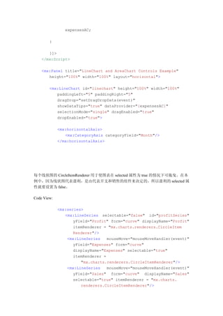 expensesAC;

        }

       ]]>
    </mx:Script>

    <mx:Panel title="LineChart and AreaChart Controls Example"
       height="100%" width="100%" layout="horizontal">

        <mx:LineChart id="linechart" height="100%" width="100%"
           paddingLeft="5" paddingRight="5"
           dragDrop="setDragDropData(event)"
           showDataTips="true" dataProvider="{expensesAC}"
           selectionMode="single" dragEnabled="true"
           dropEnabled="true">

             <mx:horizontalAxis>
                <mx:CategoryAxis categoryField="Month"/>
             </mx:horizontalAxis>




每个线状图的 CircleItemRenderer 用于使图表在 selected 属性为 true 的情况下可拖曳。在本
例中，因为线状图代表盈利，是由代表开支和销售的组件来决定的，所以盈利的 selected 属
性就要设置为 false。

Code View:

             <mx:series>
                <mx:LineSeries selectable="false" id="profitSeries"
                    yField="Profit" form="curve" displayName="Profit"
                    itemRenderer = "mx.charts.renderers.CircleItem
                    Renderer"/>
                 <mx:LineSeries    mouseMove="mouseMoveHandler(event)"
                    yField="Expenses" form="curve"
                    displayName="Expenses" selectable="true"
                    itemRenderer =
                       "mx.charts.renderers.CircleItemRenderer"/>
                 <mx:LineSeries    mouseMove="mouseMoveHandler(event)"
                    yField="Sales" form="curve" displayName="Sales"
                    selectable="true" itemRenderer = "mx.charts.
                       renderers.CircleItemRenderer"/>
 