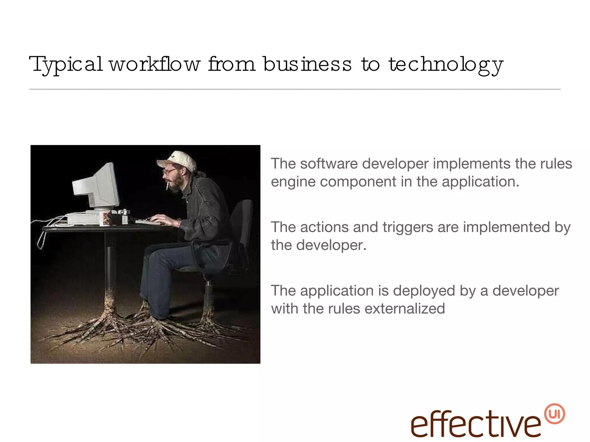 Typical workflow from business to technology The software developer implements the rules engine component in the application. The actions and triggers are implemented by the developer. The application is deployed by a developer with the rules externalized  