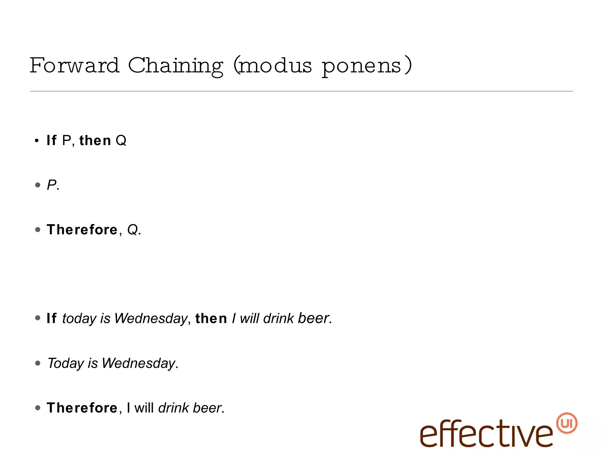 Forward Chaining (modus ponens) If  P,  then  Q P . Therefore ,  Q . If  today is Wednesday ,  then   I will drink  beer . Today is Wednesday . Therefore , I will  drink beer . 