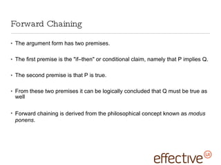 Forward Chaining The argument form has two premises.  The first premise is the &quot;if–then&quot; or conditional claim, namely that P implies Q.  The second premise is that P is true. From these two premises it can be logically concluded that Q must be true as well Forward chaining is derived from the philosophical concept known as  modus ponens . 