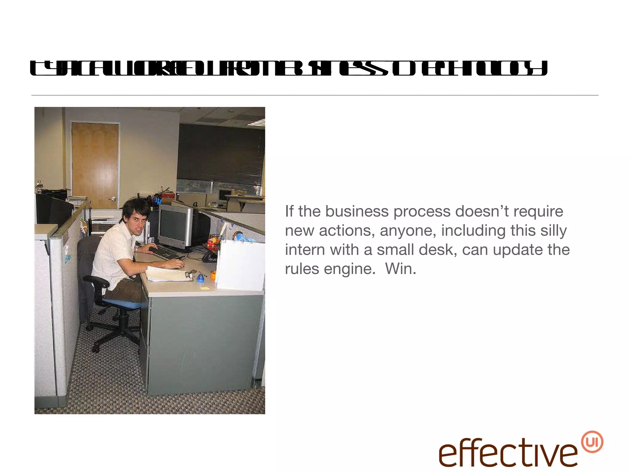 Typical workflow from business to technology If the business process doesn’t require new actions, anyone, including this silly intern with a small desk, can update the rules engine.  Win. 