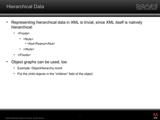 Hierarchical Data Representing hierarchical data in XML is trivial, since XML itself is natively hierarchical: <Foods> <Nuts> <Nut>Peanut</Nut> </Nuts> </Foods> Object graphs can be used, too Example: ObjectHierarchy.mxml Put the child objects in the “children” field of the object Copyright 2008 Adobe Systems Incorporated.  All rights reserved.  ® 