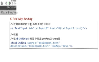 ļ

Data Binding

      5.Two Way Binding
      //ڰ󶨷{}@ż
      <s:TextInput id="txtInputB" text="@{txtInputA.text}"/>

      //
      //<Binding/>ǩָtwoWayΪtrue
      <fx:Binding source="txtInputA.text"
      destination="txtInputB.text" twoWay="true"/>
 