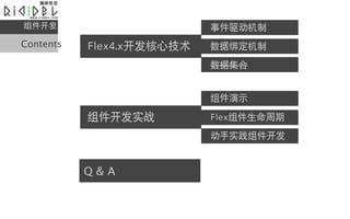                        ¼
Contents   Flex4.xļ   ݰ󶨻

                           ݼ


                           ʾ

           ʵս          Flex
                           ʵ


           Q&A
 