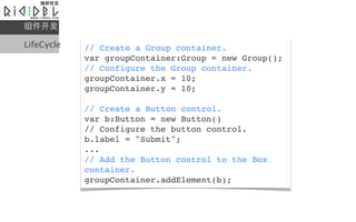 

LifeCycle   // Create a Group container.
            var groupContainer:Group = new Group();
            // Configure the Group container.
            groupContainer.x = 10;
            groupContainer.y = 10;

            // Create a Button control.
            var b:Button = new Button()
            // Configure the button control.
            b.label = "Submit";
            ...
            // Add the Button control to the Box
            container.
            groupContainer.addElement(b);
 