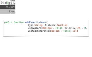 ļ

   Event



public function addEventListener(
                  type:String, listener:Function,
                  useCapture:Boolean = false, priority:int = 0,
                  useWeakReference:Boolean = false):void
 